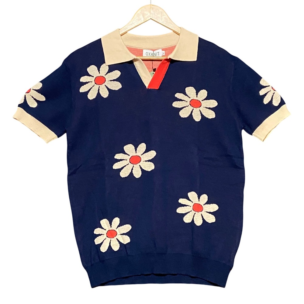 OXKNIT Mens Blue Daisy Floral Knit Polo Shirt Retro 60s 70s Style Size M NEW